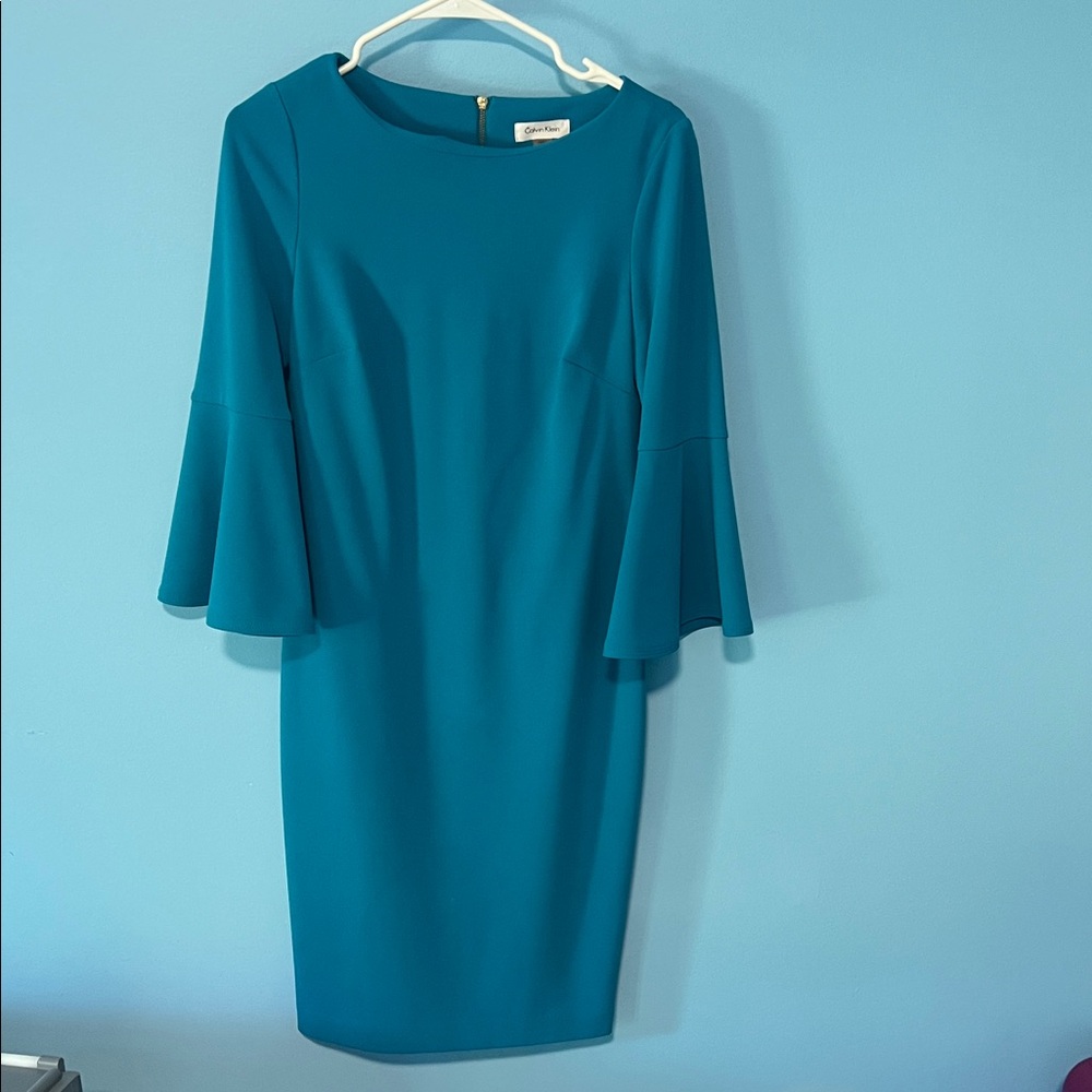Calvin Klein Teal Bell Sleeve Sheath Dress